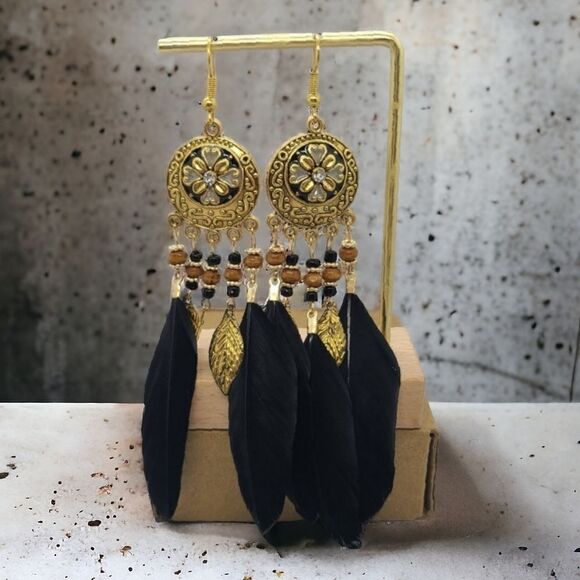 Boutique Jewelry - Black Boho Feather Tassel Floral Beaded Dangle Earrings Tribal Native Gypsy New